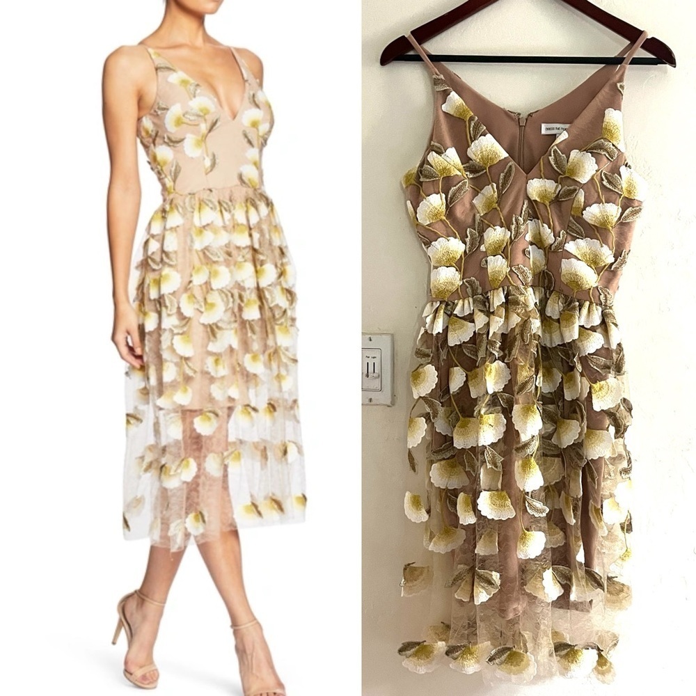 Dress the Population Betsy Plunging Embroidered Lace Midi Dress Sunflower/Nude